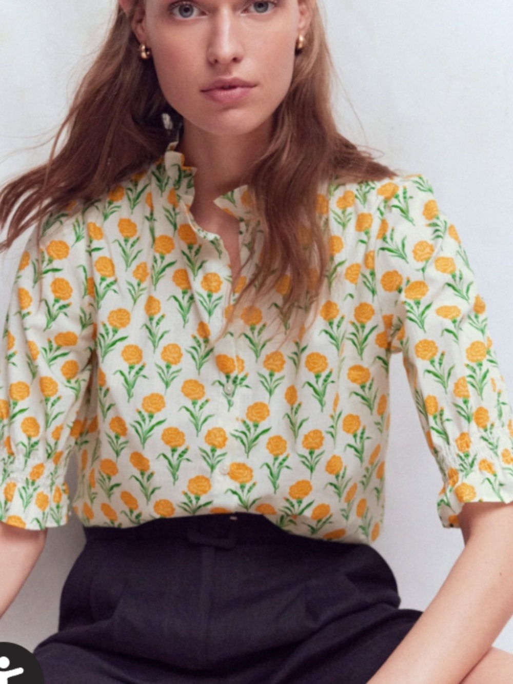 Boden Women's Heather Smocked Sleeve Top-Marigold, Carnation Stems, Size 4
